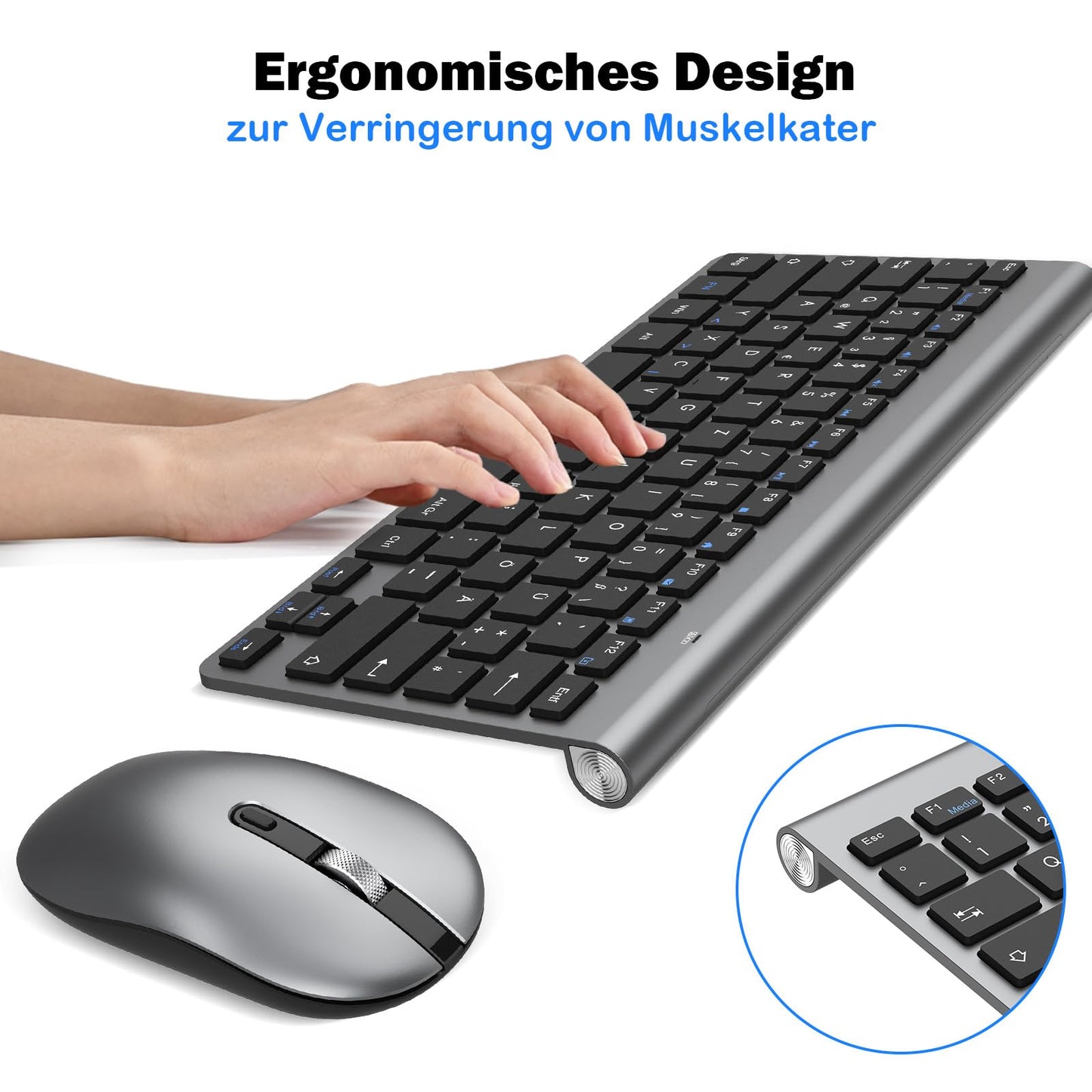 PINKCAT Kabelloses Tastatur Maus Set kabellos 2.4G Kabellose Kompakte Tastatur mit Funkmaus für Laptop, PC und Smart TV Deutsches QWERTZ Layout(Grau&Schwarz)
