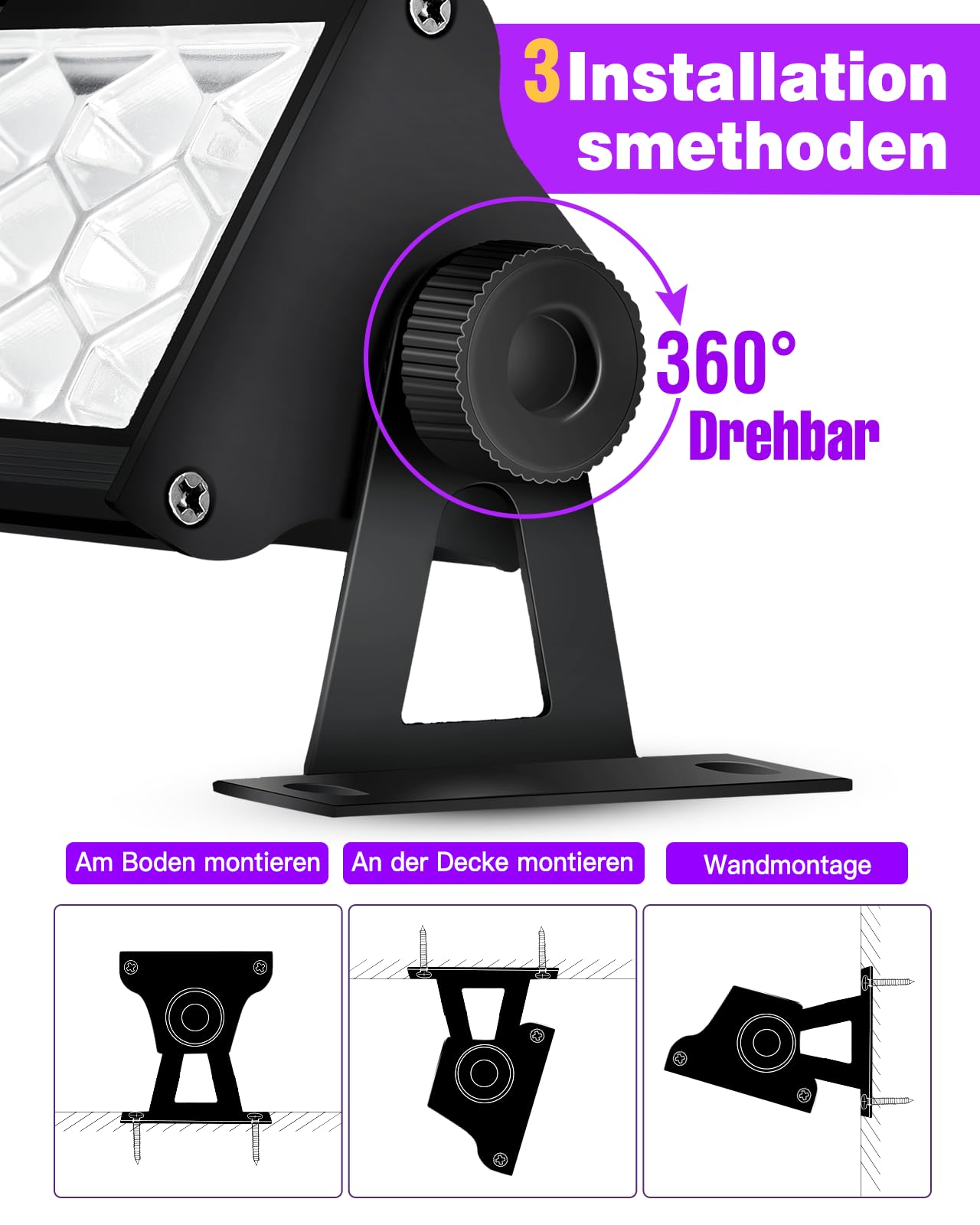 Anpro 72W Schwarzlichtleiste, 48 LED-Schwarzlicht mit fluoreszierenden Bändern, 360° verstellbares UV-Schwarzlicht mit 120° Abstrahlwinkel, 4,5 Fuß Netzkabel, 385–400 nm Wellenlänge, mit Schalter