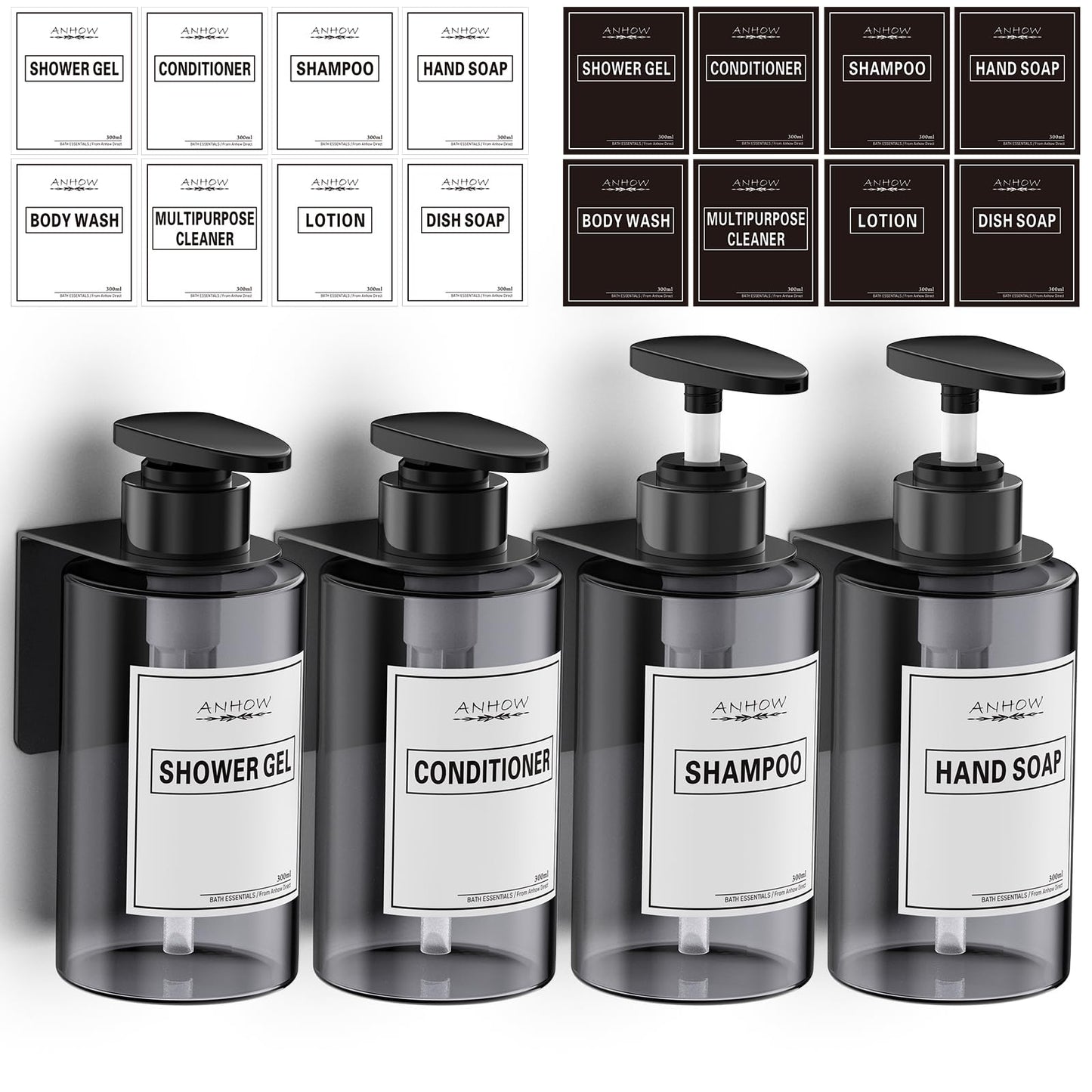 Anhow 4er Seifenspender Wandbefestigung Set, 300ml Seifenspender Wand Ohne Bohren Leere Duschgel Spender mit 12er Kategorie Etikett für Dusche/Küche/Badezimmer - Grau