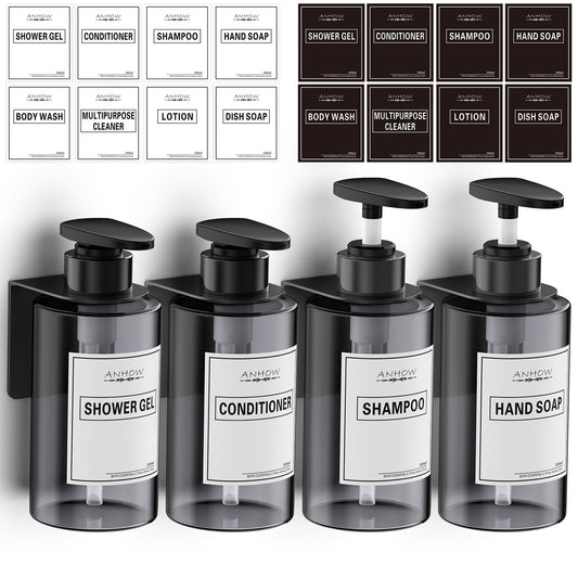Anhow 4er Seifenspender Wandbefestigung Set, 300ml Seifenspender Wand Ohne Bohren Leere Duschgel Spender mit 12er Kategorie Etikett für Dusche/Küche/Badezimmer - Grau