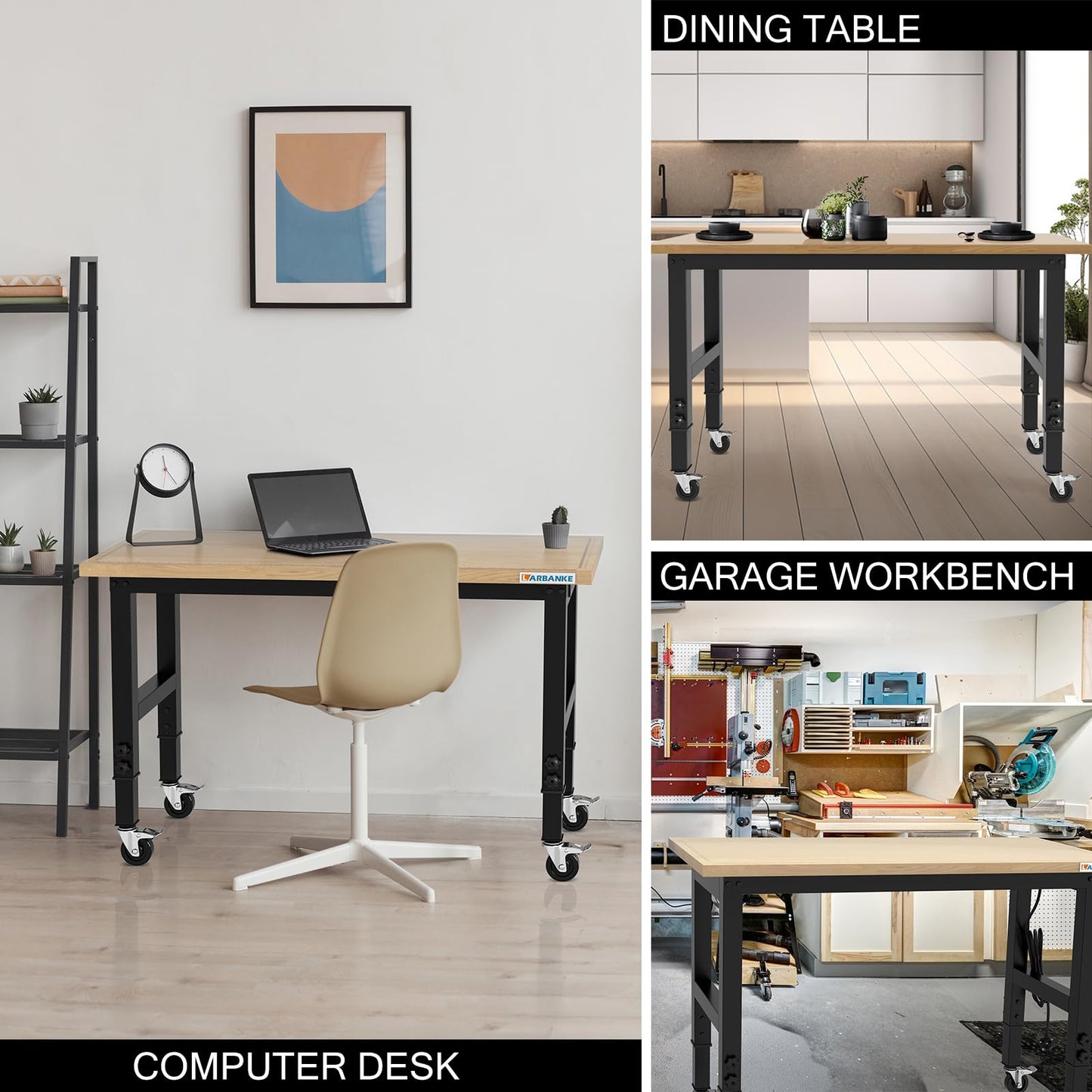 LARBANKE 120 cm Schwerlast-Werkbank für Garage und Werkstatt, höhenverstellbar 85-105 cm, Gummiholzplatte mit Skalen, Tragkraft 900 kg, Log Color