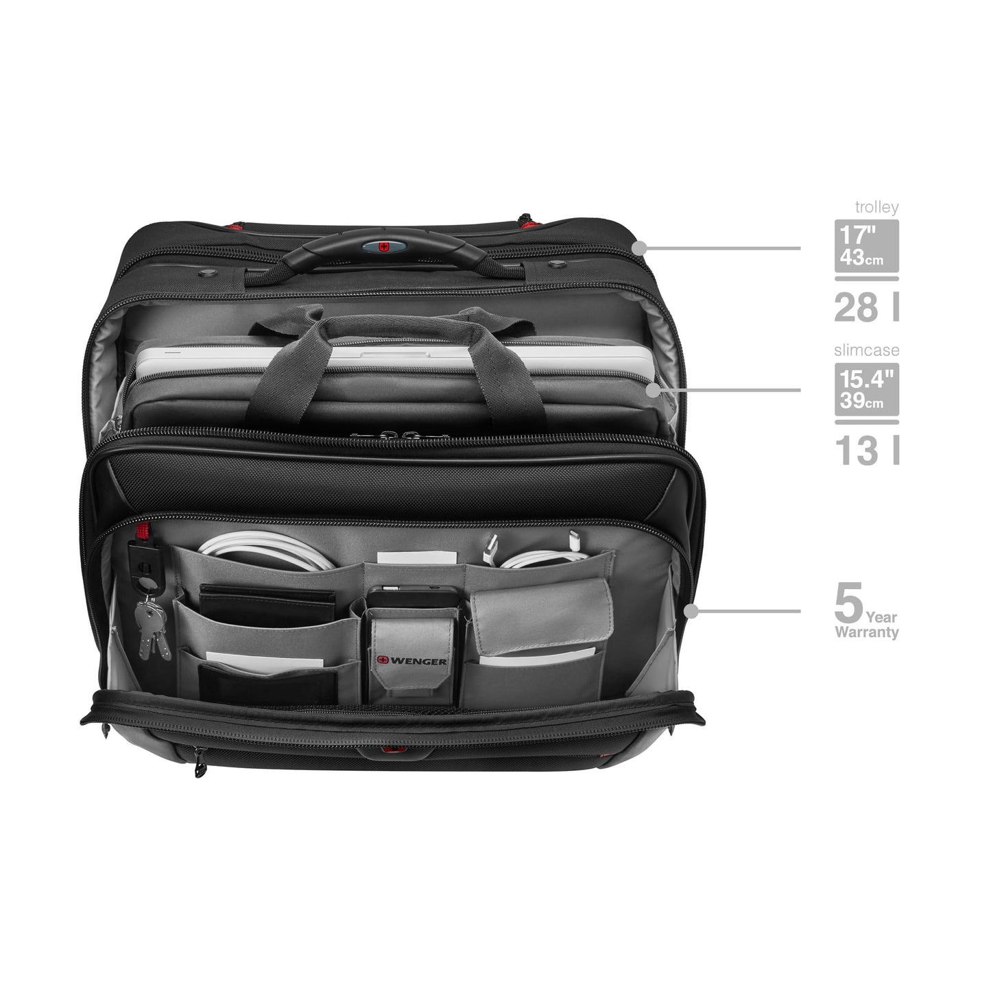 WENGER Potomac 2-TLG Laptop Trolley für Notebook bis 17 Zoll, herausnehmbare Laptop-Tasche 15 Zoll, 23 l, Damen Herren, Büro Business Reisen, Schwarz, 600661