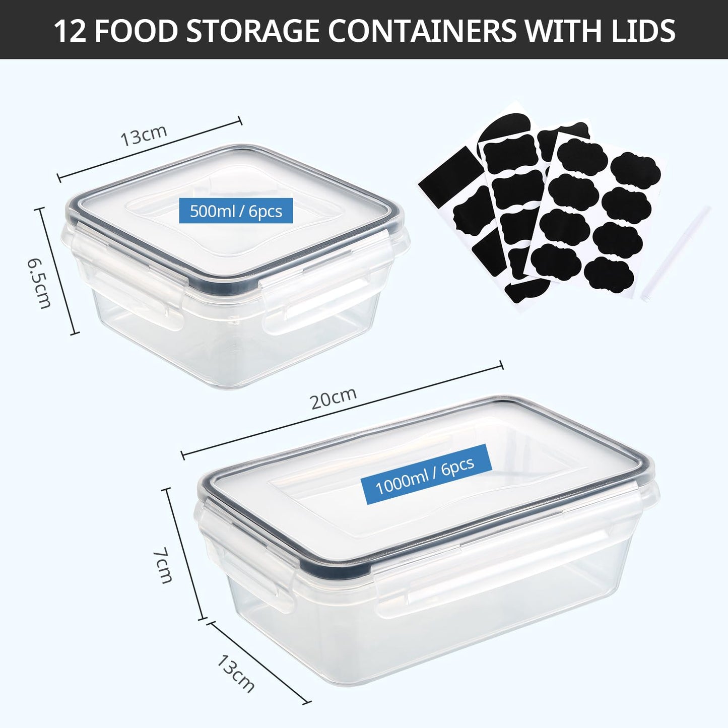 Hibisaws 12er Frischhaltedosen mit Deckel, Gefrierdosen, Essensboxen, BPA-frei Und 100% Luftdicht, Transparent, 6 x1 L & 6 x 0.5 L, meal prep boxen