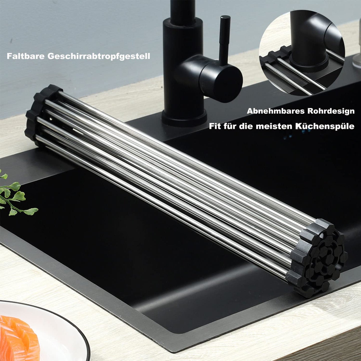 ViWaVee Abtropfgestell Geschirr, Faltbare und Abnehmbare Geschirrabtropfgestell über Dem Spülbecken, Abtropfmatte, Abtropfgitter spüle für Tassen, Obst, Gemüse, Super Küchen Organizer (Schwarz(43*35))