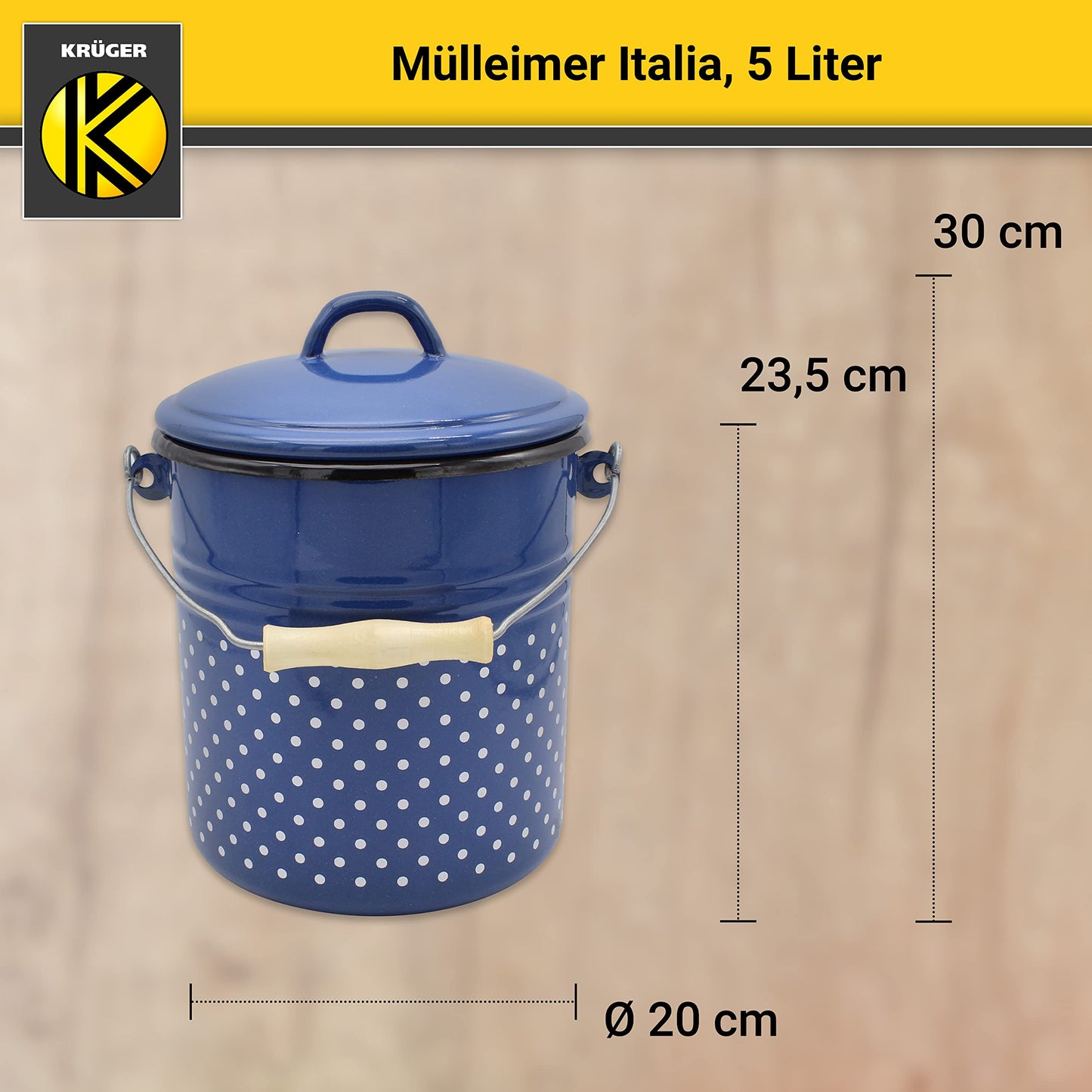 KRÜGER Mülleimer mit Deckel - Stahl Abfalleimer mit Emaille-Beschichtung und Holzgriff - schnitt- und kratzfeste Oberfläche - langlebig und vielseitig einsetzbar (5 Liter, Italia)