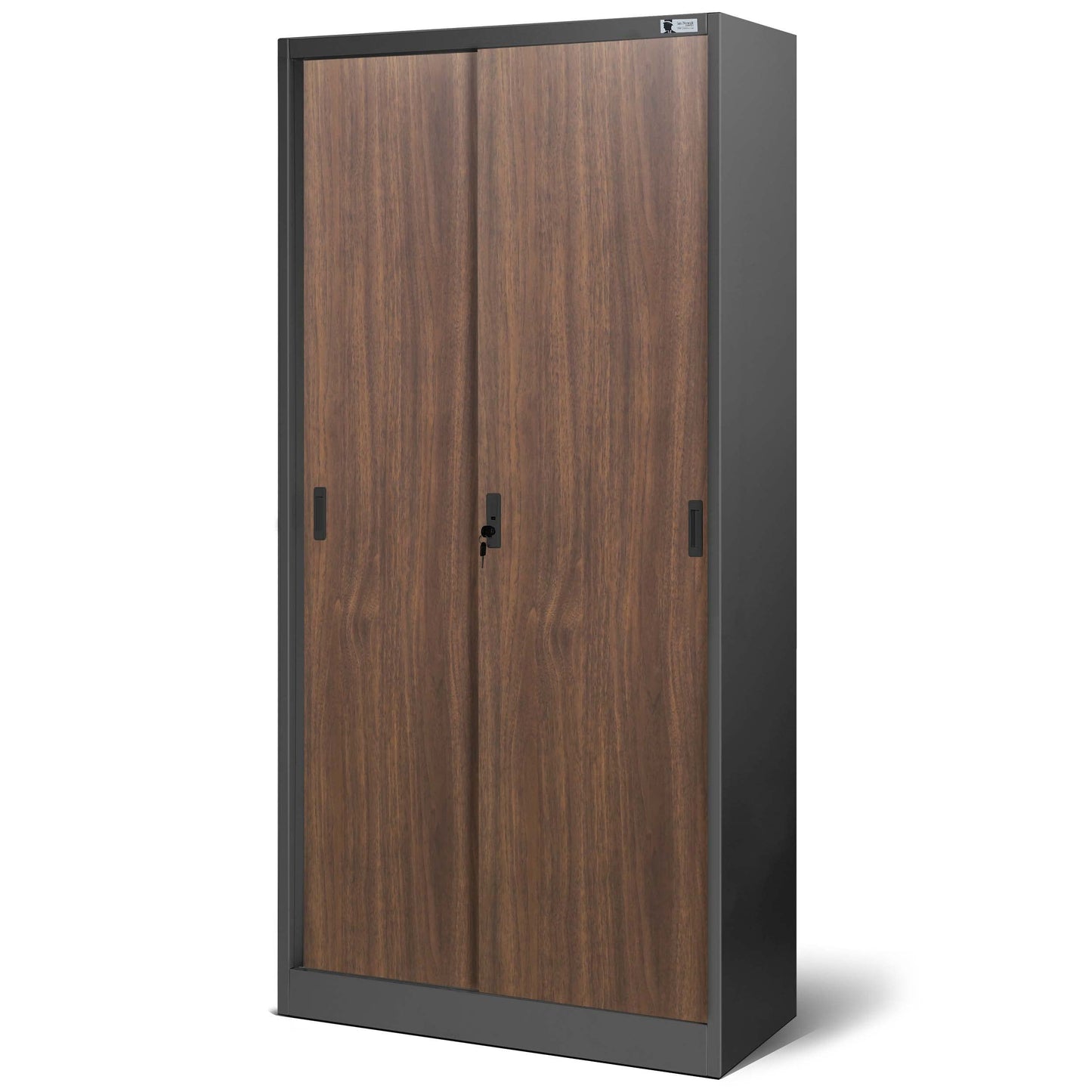Jan Nowak Aktenschrank Büroschrank mit Schiebetüren Metall 4 Fachböden Pulverbeschichtung Abschließbar 185 cm x 90 cm x 40 cm (Anthrazit/Holzoptik)