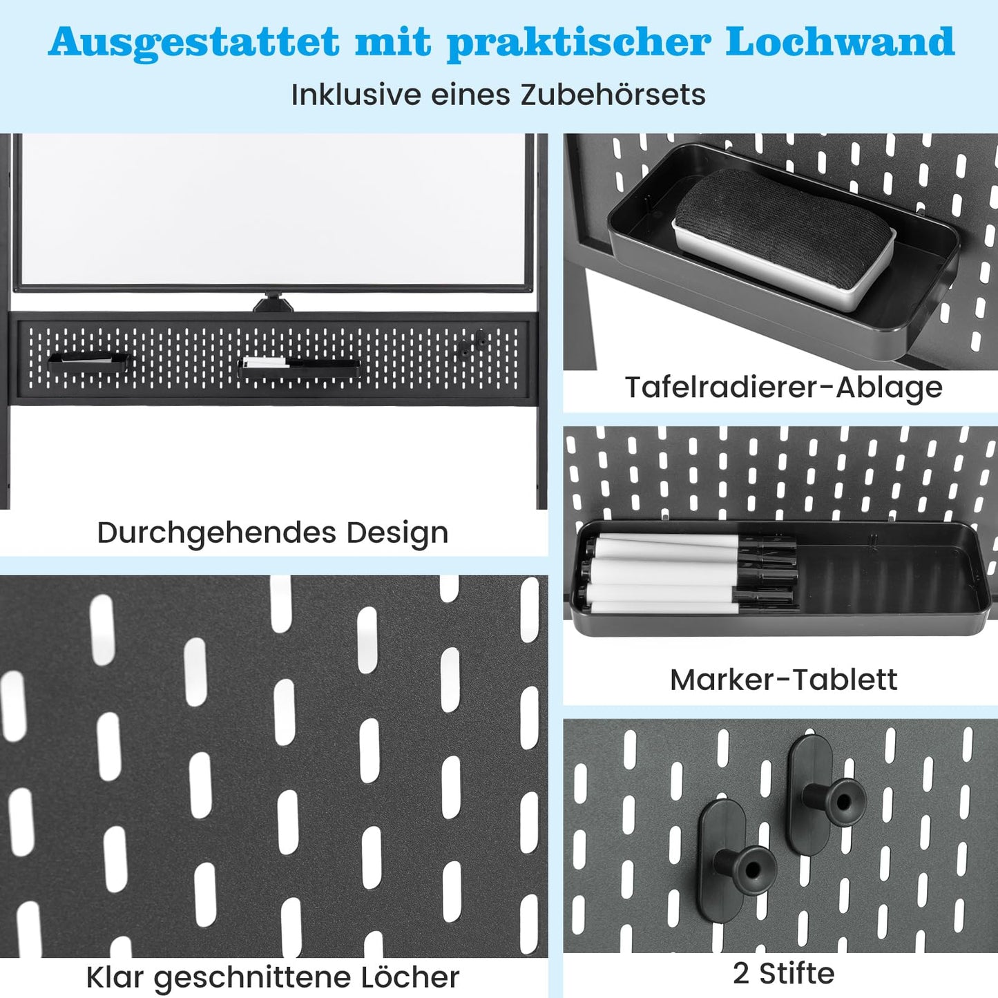 COSTWAY Doppelseitiges mobiles Whiteboard, 120 x 90 cm, Trocken abwischbares magnetisches Whiteboard mit Stecktafel, Rollen und Ständer, inkl. Zubehör für Büro, Zuhause (Schwarz)