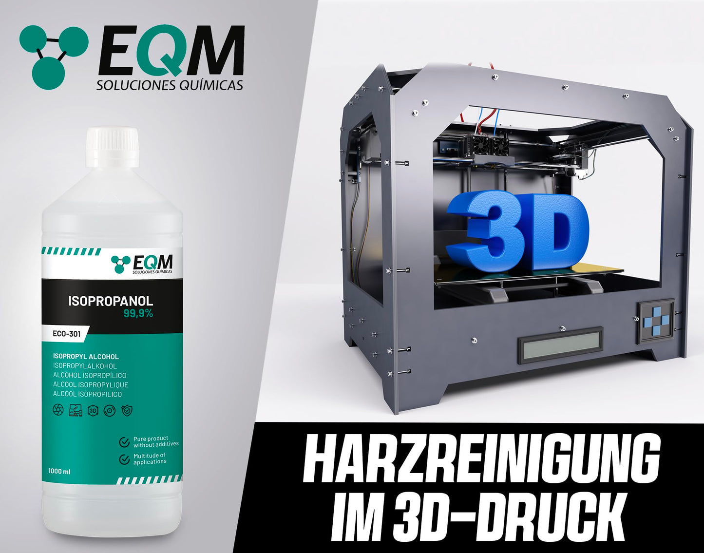 EQM - ECO-301 - Isopropanol - Isopropylalkohol 99.9% - 1L - Reinigung von elektronischen Bauteilen, Linsen und Bildschirmen - Reinigung von Harzen im 3D-Druck