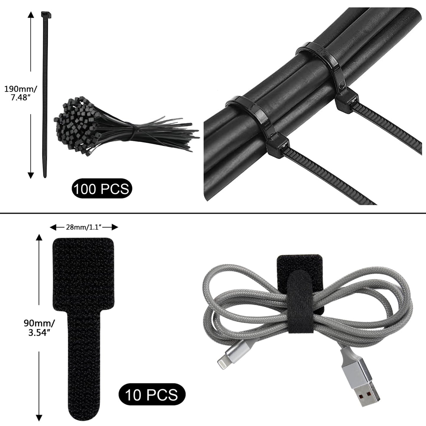 SOULWIT Kabelmanagement Kit, 4 Kabelschläuche, 7 Silikon Kabelhalter, 20+2 Kabelbinder Selbstklebend, 37 Kabelklemmen Groß, 100 Kabelbinder, 20 Kabelschelle Nagelschellen, 10 Klebesockel für TV PC