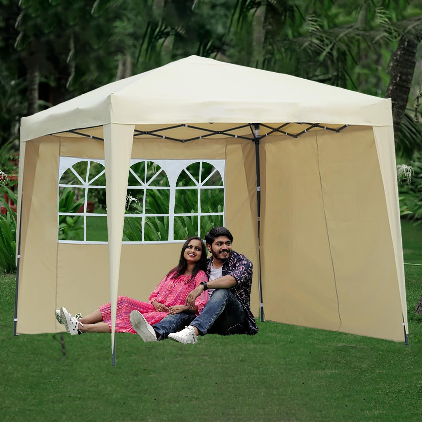Angel Living 2.5 x 2.5M Faltbarer Pop up Pavillon Outdoor,Faltpavillon Gartenzelt Partyzelt,UV-Schutz 50+,2 Seitenwänden mit Reißverschlüssen für Außen, Garten, Camping Beige