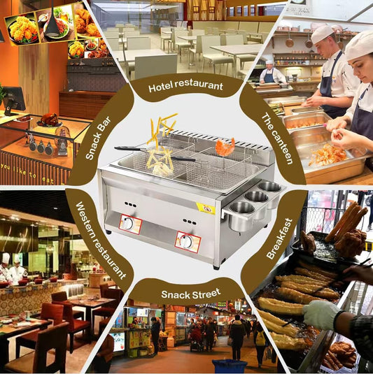 Generische Gasfritteuse 20L, Edelstahl Freistehender Gastro-Fritteuse mit Thermostat, Propan-Betrieb, für 4-6 Personen, Ideal für Pommes und Snacks