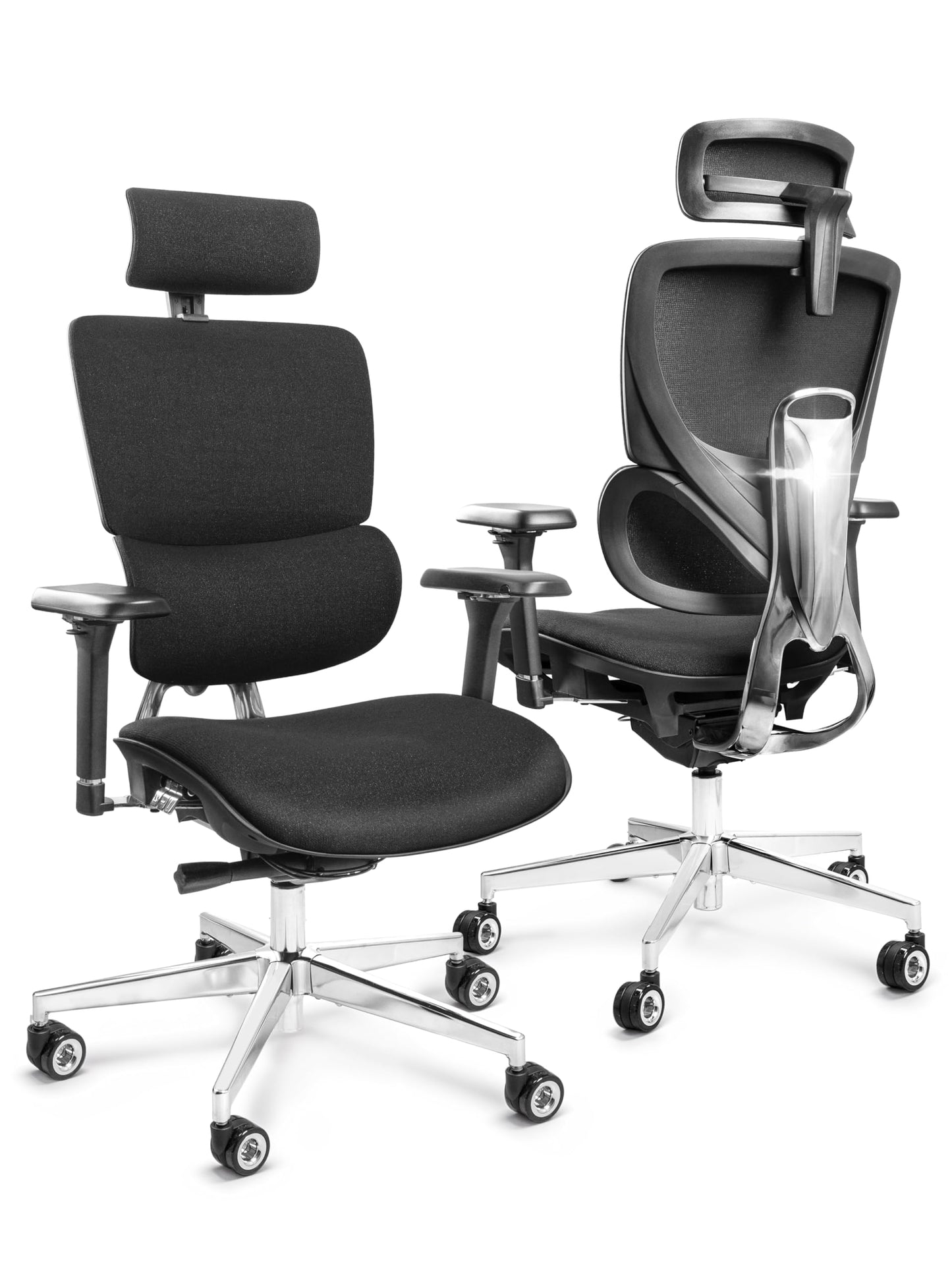 CLOUVOU MasterSeat Bürostuhl Ergonomisch | Schreibtischstuhl [QuantumFlex, 4D-Chrom-Metallarmlehne, Phantom Wheels] | Büro Stuhl, Computerstuhl Home Office Chair Ergonomic, Drehstuhl 150 kg