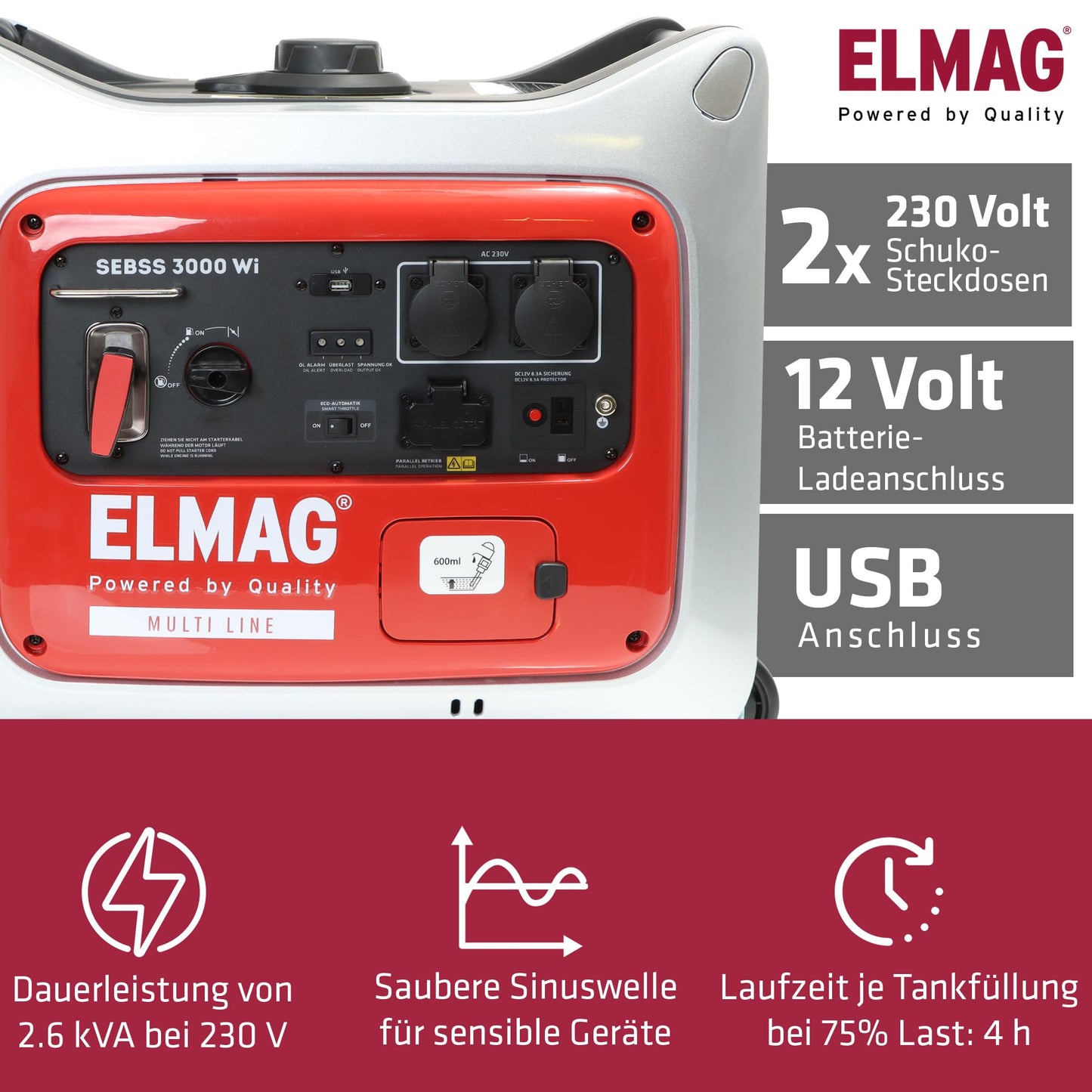 ELMAG Inverter Stromerzeuger SEBSS 3000Wi – 2,6 kVA Benzin Stromgenerator mit 4-Takt-Motor, leise & kraftvoll – Stromaggregat mit ECO-Modus, 2 x 230V, USB & 12V – Für Camping, Outdoor & Notstrom