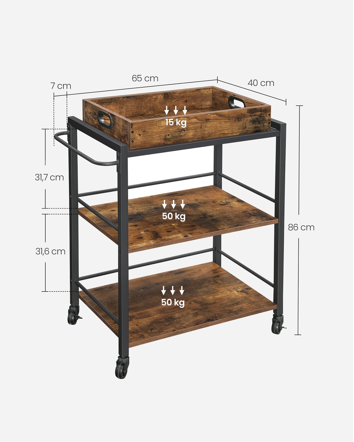 VASAGLE Servierwagen, Küchenwagen, abnehmbares Tablett, mit verstellbaren Füßen und Rollen, Küchenregal, Stahlrahmen, 40 x 72 x 86 cm, Industrie-Design, vintagebraun-schwarz LRC72X