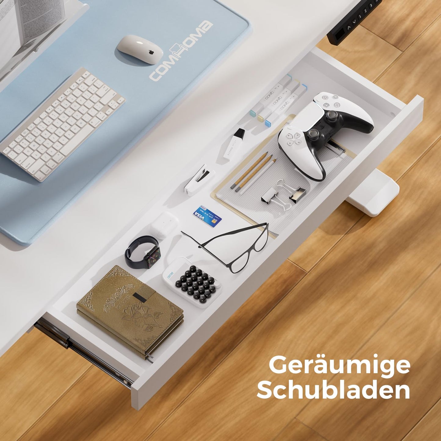 COMHOMA Höhenverstellbarer Schreibtisch Elektrischer, 120x60cm, mit Schubladen, Monitorständer, Tablet-Ständer, mit 3 höhen Memory-Steuerung, Weiß