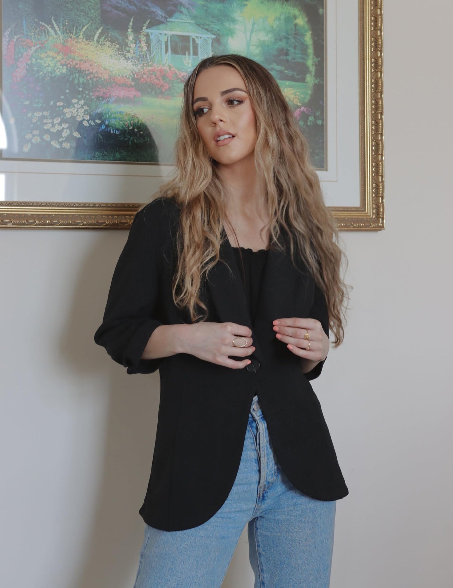 Unibelle Damen Blazer Cardigan Dünn 3/4 Längere Elegant Leicht Bolero Jacke Blazer Slim Fit Anzug Trenchcoat , A-schwarz, 44(Herstellergröße:XXL)