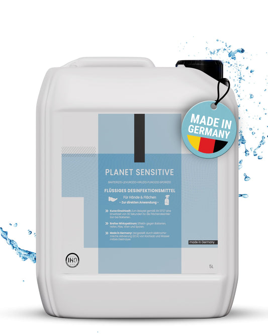 Planet Sensitive® - 5L alkoholfreies Desinfektionsmittel für Hände, Flächen & Haut - Gegen Bakterien, Viren, Sporen, Pilze, Hefen, Schimmel und Gerüche | Kanister (Halal & Koscher)