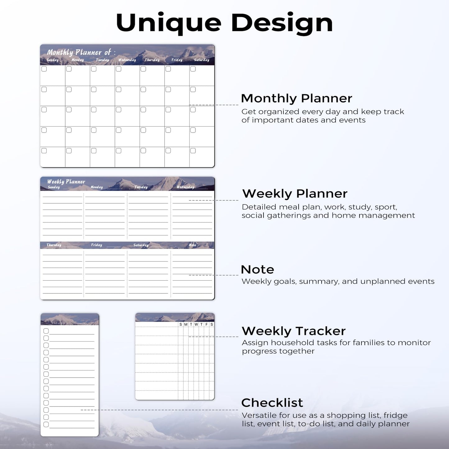 Marsrock Magnetischer Kalender für den Kühlschrank (4er-Pack) – Wochen- und Monatsplaner, Aufgaben- und Einkaufsliste, Whiteboard mit 8 Markern, 6 Magneten und 1 Schwamm für Küche und Zuhause, in Grau