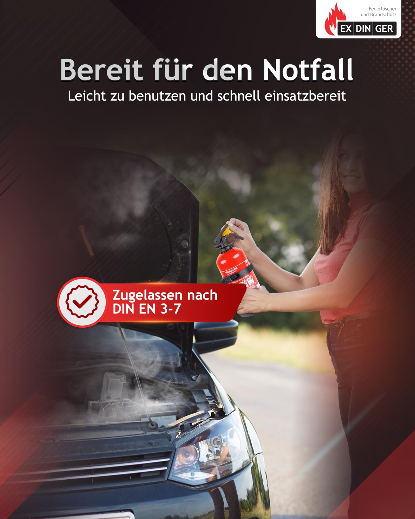 EXDINGER BC-Pulver-Autofeuerlöscher 1kg (Aufladelöscher GP-1Z BC Halterung Sicherungskeil Instandhaltungsnachweis)