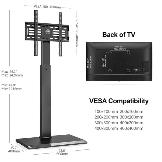 FITUEYES TV Bodenständer mit Eisenbasis TV Standfuß TV Ständer Fernsehstand höhenverstellbar schwenkbar für 26 bis 65 Zoll Flachbildschirm bis zu 40kg Max. VESA 400 * 400 Schwarz
