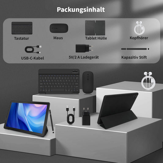 Tablet 10 Zoll 8-in-1 Kit Android 14 Tablet PC mit Hülle Tastatur Maus Stift Kopfhörer Netzstecker Kabel Octa-Core 10 GB RAM 64 GB ROM 1TB TF Erweiterbar 1280x800 IPS Touchscreen 5000 mAh (Schwarz)