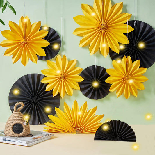 SUNBEAUTY 11 Stück Sonnenblume Dekoration Papier Fächer mit LED-Lichterkette Hängend Sunflower Deko Gelb Schwarz Party Geburtstagsdeko für Abschluss Hochzeit Thanksgiving Herbstdekoration