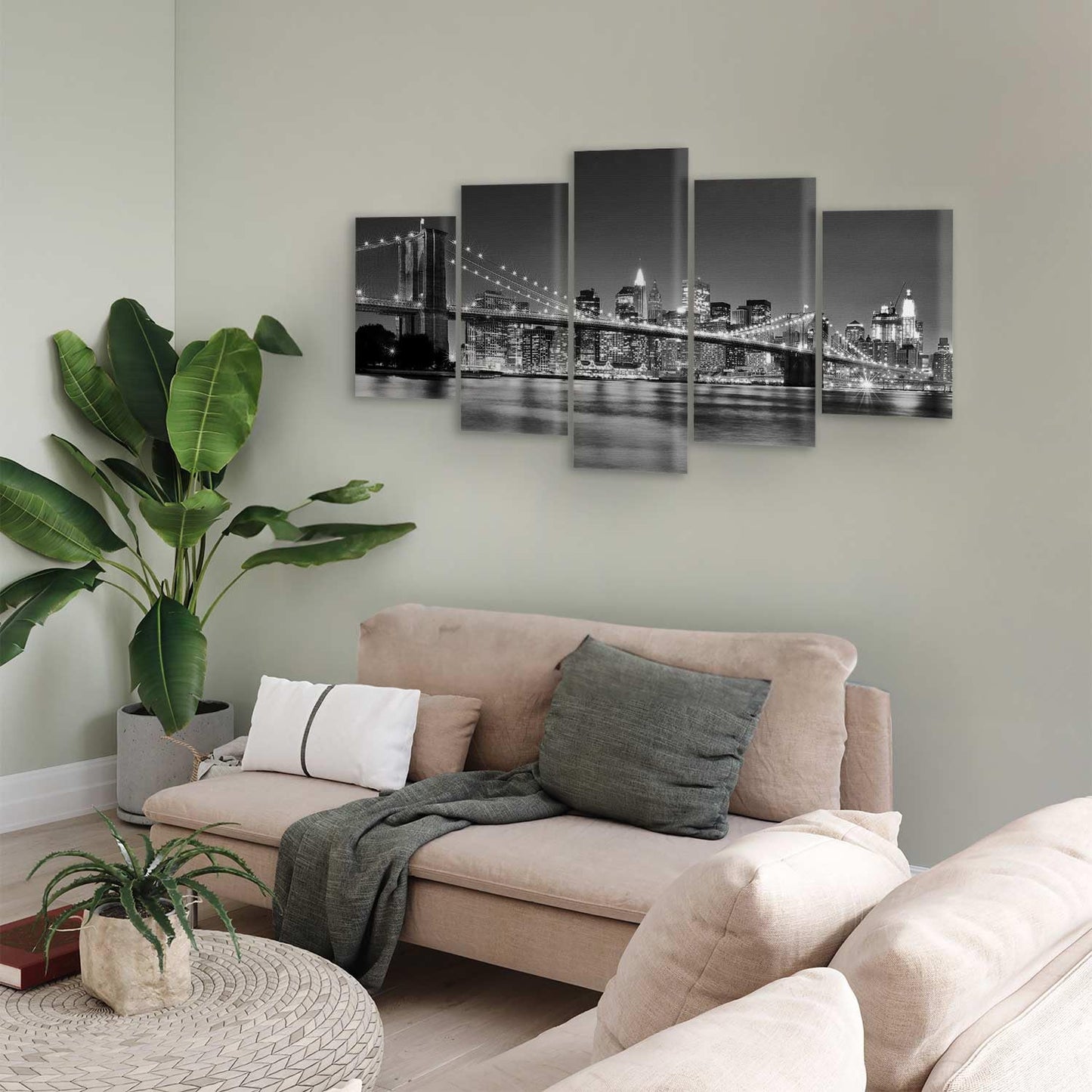 murando - Wandbilder XXL New York City 200x100 cm 5 tgl Wand Deko Leinwand Bilder Groß Wanddeko Wohnzimmer Bild Schlafzimmer Kunstdrucke - Skyline Brooklyn Bridge Stadt Nacht Manhattan Grau 030211-51