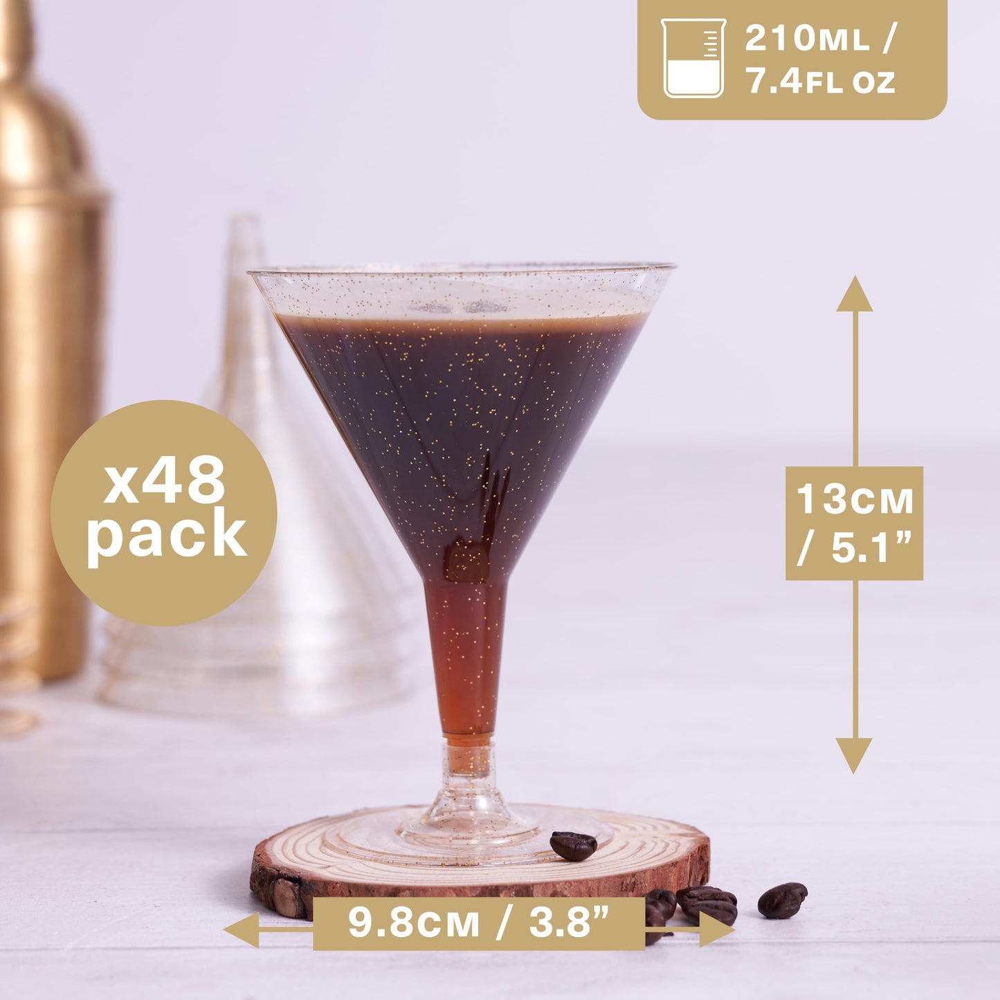 MATANA 48 Plastik Cocktailgläser mit Goldglitter, Martini Gläser Kunststoff, 210ml - Mehrweg Plastikbecher - Margarita Gläser, Cocktail Becher für Partys, Geburtstagen, Hochzeiten