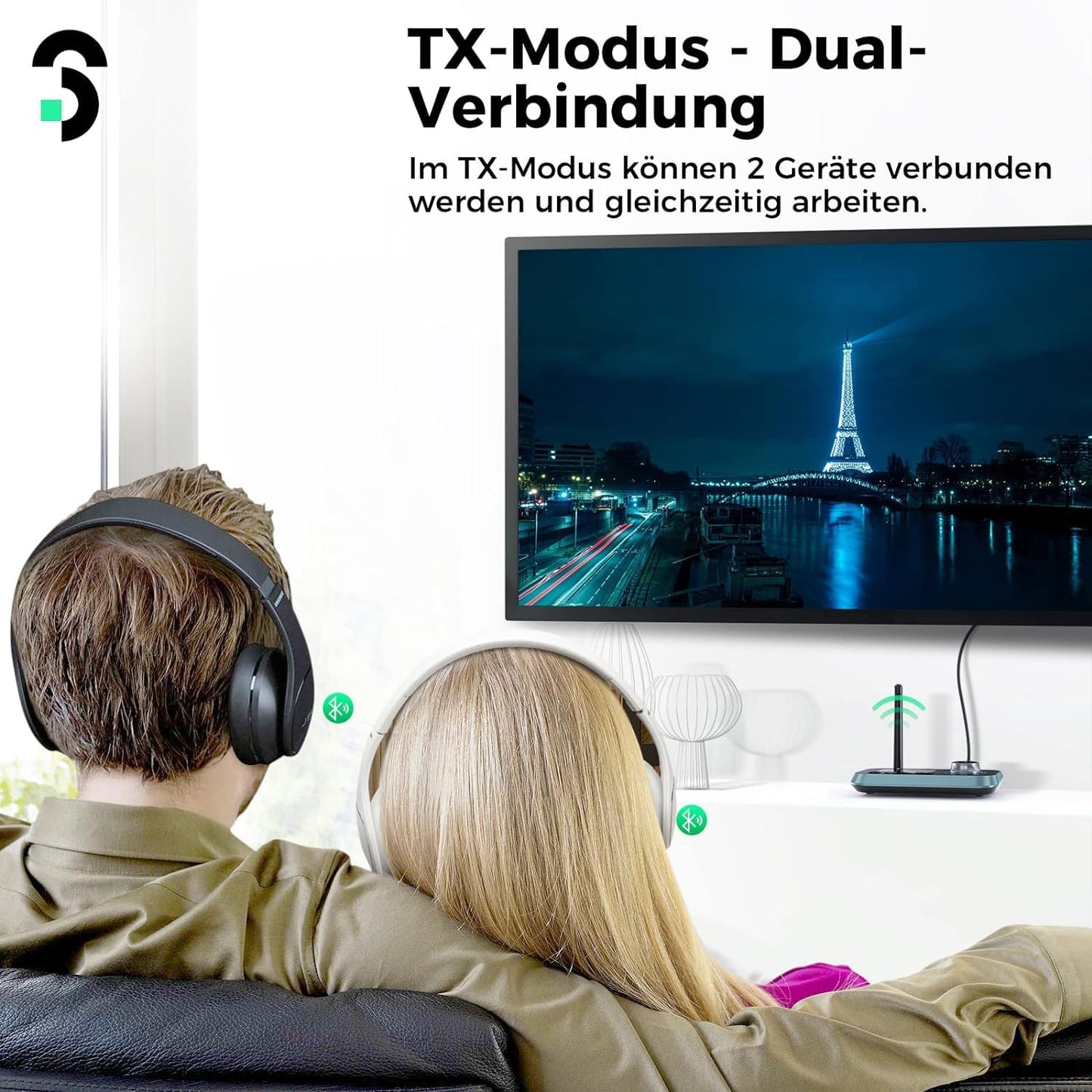 3-in-1 Bluetooth 5.0 Sender Empfänger für 2 Kopfhörer, SOOMFON Bluetooth Adapter Audio für TV PC Stereoanlage, Low Latency Bluetooth Transmitter Empfänger mit Lautstärkeregelung, Aux/RCA/Optisch