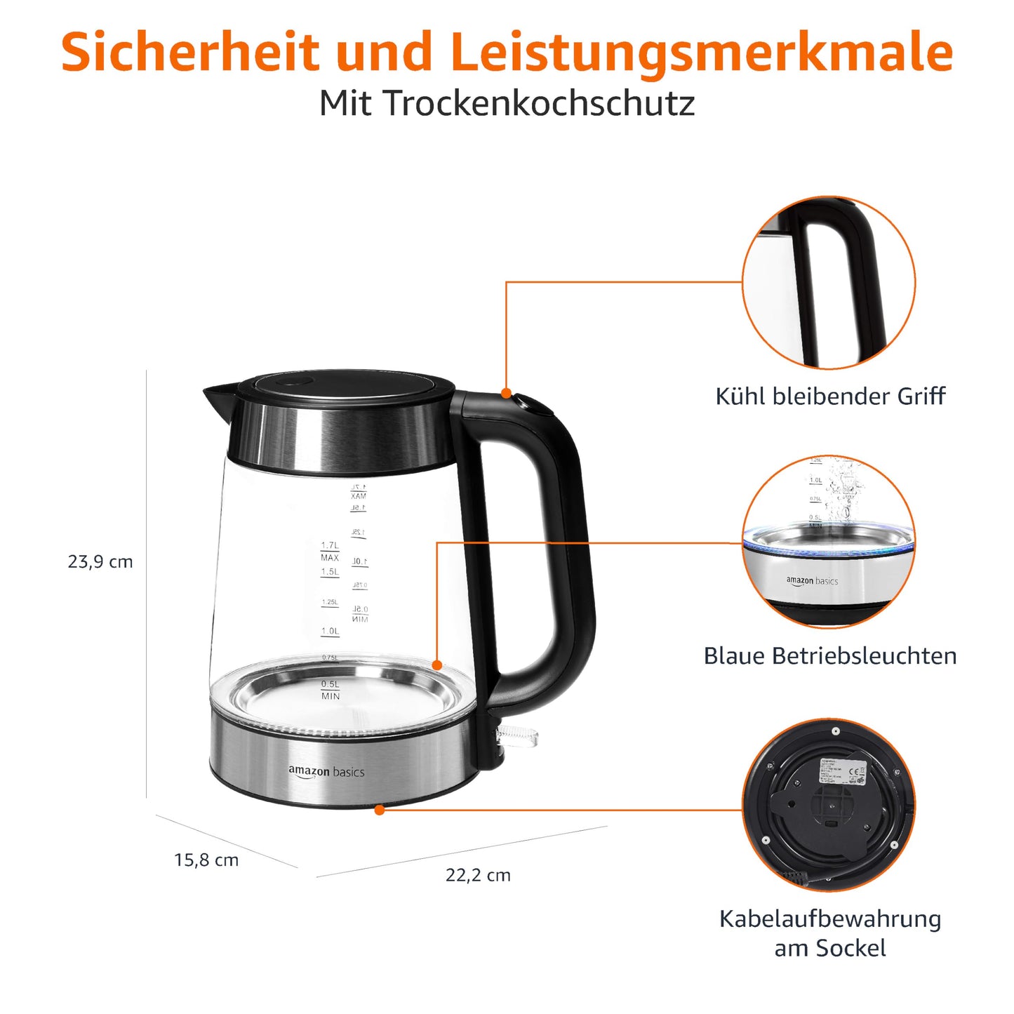 Amazon Basics - Elektrischer Wasserkocher aus Glas, 1,7 l, 2200 W, Schwarz, Silber