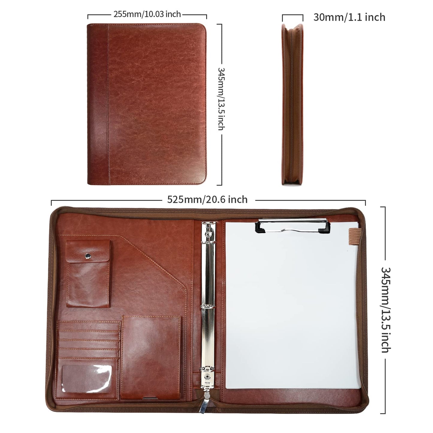 WRIYES Schreibmappe A4 mit Ringbuch Reißverschluss, PU Kunstleder Konferenzmappe, Business Büro Mappen Organizer, Mit Klemmbrett und Multifunktionstasche (Braun)