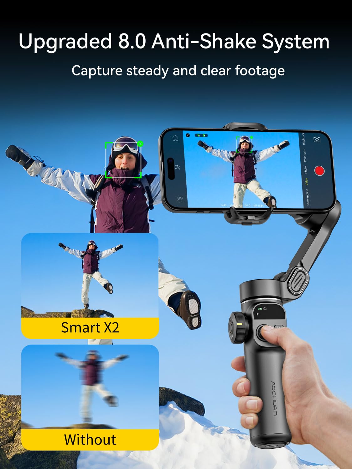 AOCHUAN Gimbal-Stabilisator für iPhone, 3-Achsen-iPhone-Gimbal mit integrierter 7,8-Zoll-Verlängerungsstange, tragbarer Gimbal-Stabilisator mit OLED-Display für iPhone/Android-Smart X2 Schwarz