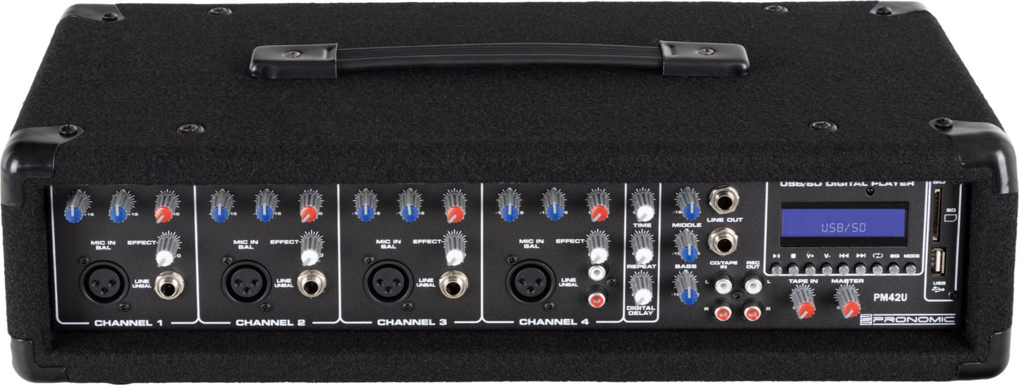 Pronomic PM42U MKII MP3 4-Kanal Powermischer - Mischpult mit Verstärker und integriertem USB/SD MP3-Player - 2x 100 Watt - Mic/Line/Instrument-Input - Powermixer mit 3-Band Graphic Equalizer
