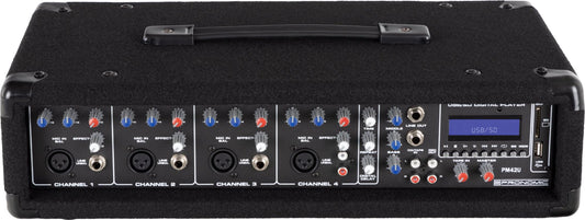 Pronomic PM42U MKII MP3 4-Kanal Powermischer - Mischpult mit Verstärker und integriertem USB/SD MP3-Player - 2x 100 Watt - Mic/Line/Instrument-Input - Powermixer mit 3-Band Graphic Equalizer