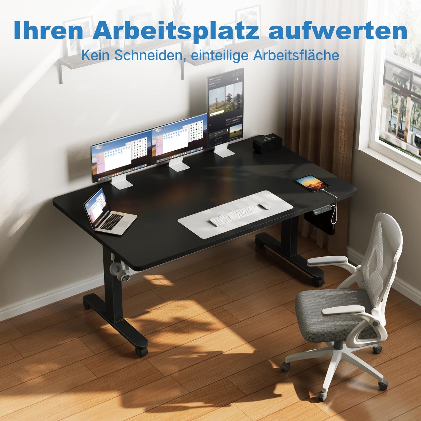 Devoko Höhenverstellbarer Schreibtisch mit 2 Motoren，25mm Einteilige Tischplatte, 160x80 cm Mobiler Elektrisch Computertisch mit Kabel Management, Schwarz - Perfekte Ergonomie für Dein Büro