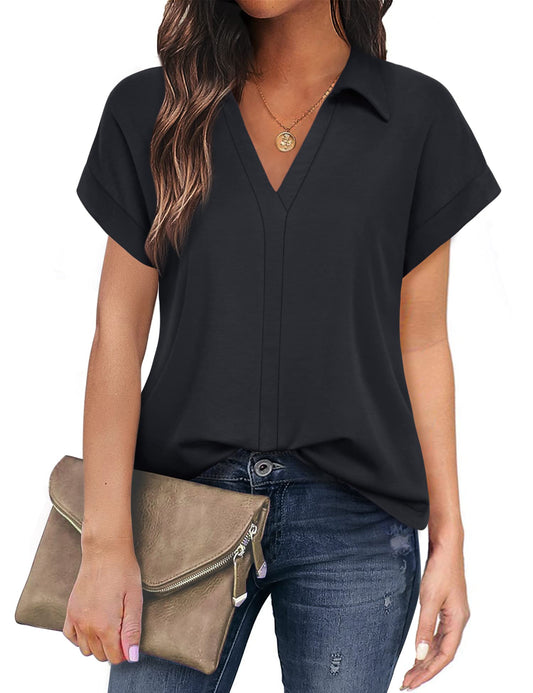Damen Bluse, Gaharu Damenblusen Kurzarm Elegant Bügelfrei Baumwolle Büro Bluse mit Kragen Schwarz Oberteil Frauen Berufsbekleidung Damen Einfarbig Sommer Shirt Lässig Legere Bluse Formelle Kleidung