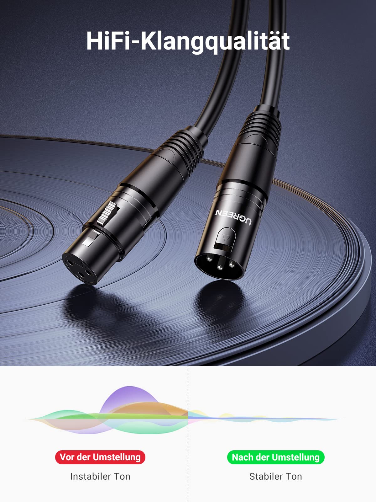 UGREEN Mikrofonkabel XLR Stecker auf XLR Busche Kabel Schwarz (2M) Kompatibel mit Mikrofone oder andere Studio Ausrüstung an einen PA, Mischpult oder Aktivlautsprecher