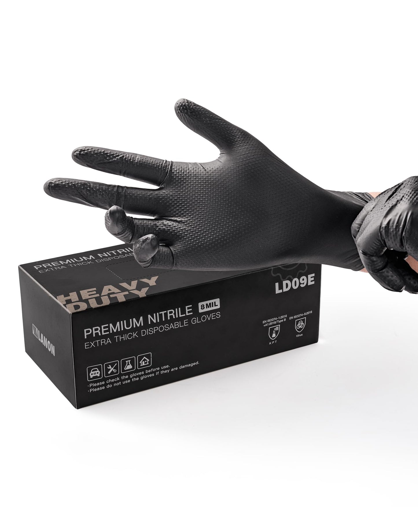 LANON 8 Mil Schwarz Nitrilhandschuhe, Diamanttextu Einweghandschuhe Extra Stark, Mechaniker, Langlebig, Lebensmittelecht, Latexfrei, Pulverfrei, M(100 Stück)