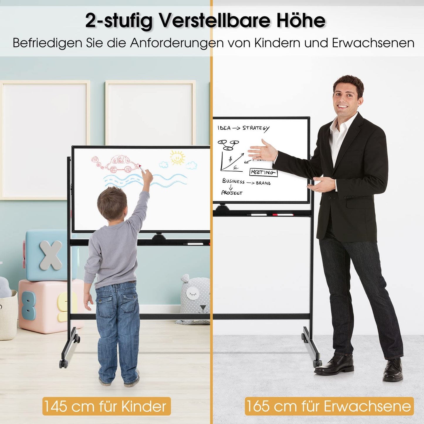 GOPLUS Whiteboard magnetisch mit Ständer, doppelseitiges Whiteboard mit Zubehör Set, Trocken abwischbar, mobiles Whiteboard höhenverstellbar, für Schule, Büro, Zuhause (Schwarz, 120 x 60cm)