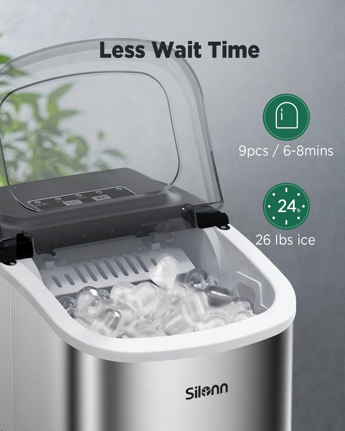 Silonn Eiswürfelmaschine, Eiswürfelbereiter 9 Würfel in 6 Minuten fertig, 12 KG in 24 Stunden, Selbstreinigende Kleine Eiswürfelmaschine, 2 Eiswürfel Größen für Küche, Büro, Bar und Party, Edelstahl