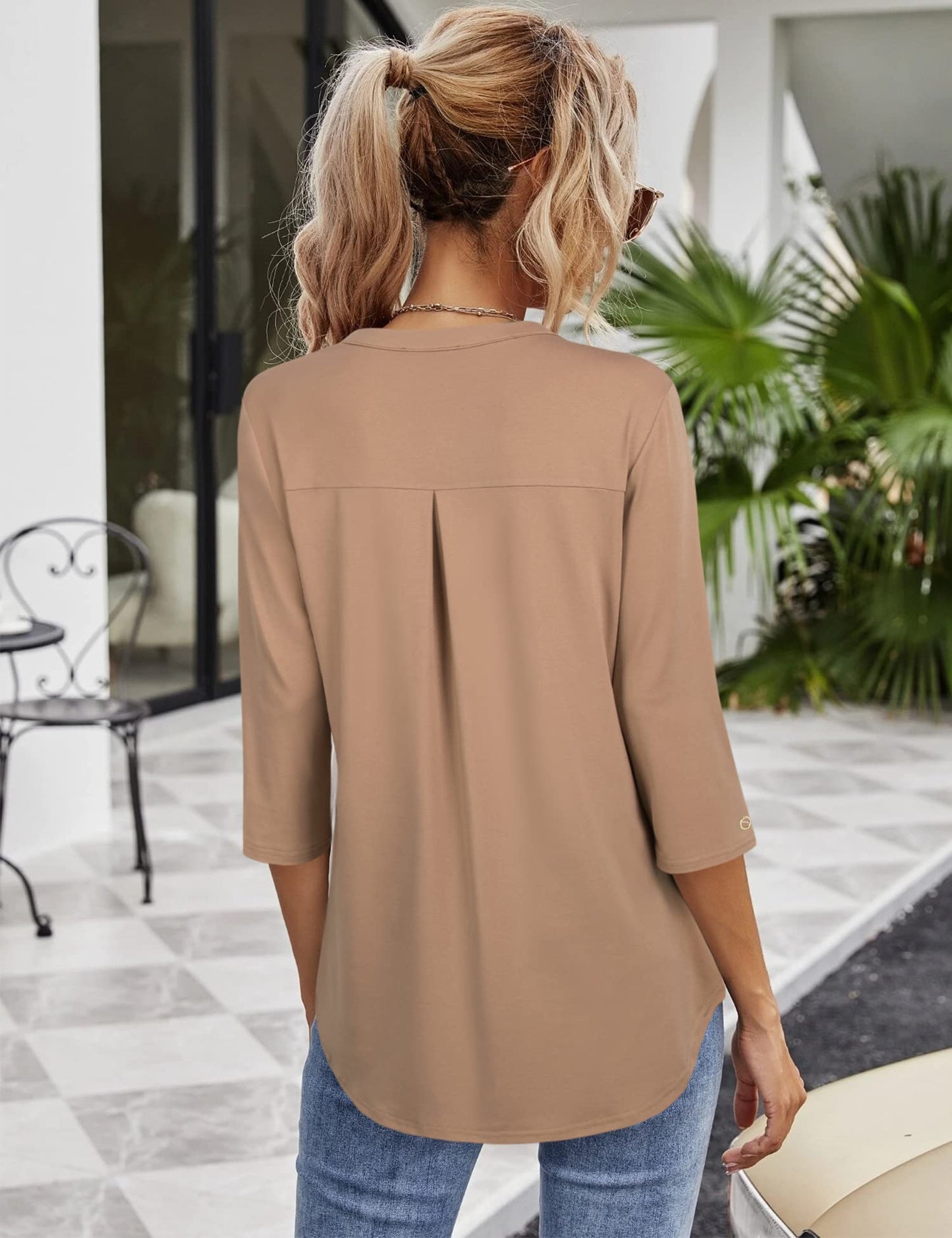 Gaharu Damen Bluse, 3/4 Arm Bluse Damen Büro Outfit Casual Business Oberteil Frauen Schick Festlich Lang Tunika Damen Lässig für Leggings,Damenshirt Halbarm Elegant Lässig Halbarm Blusen Khaki,M