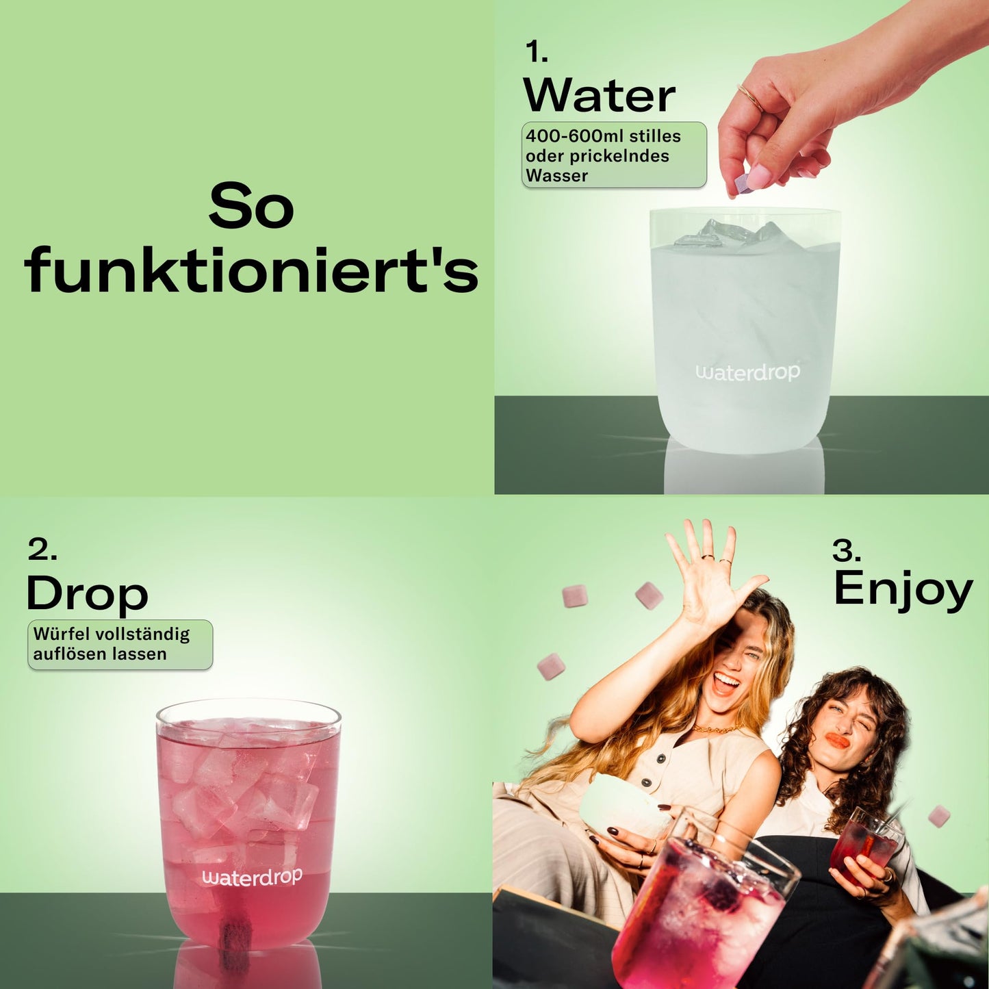 waterdrop® Microdrink Set | 48 Waterdrop Drops Würfel - 4 fruchtige Sorten | Zuckerfreies Getränkpulver | Geschmack für Wasser | kalorienarm mit wertvollen Vitaminen | Brausetabletten | Wasserzusatz