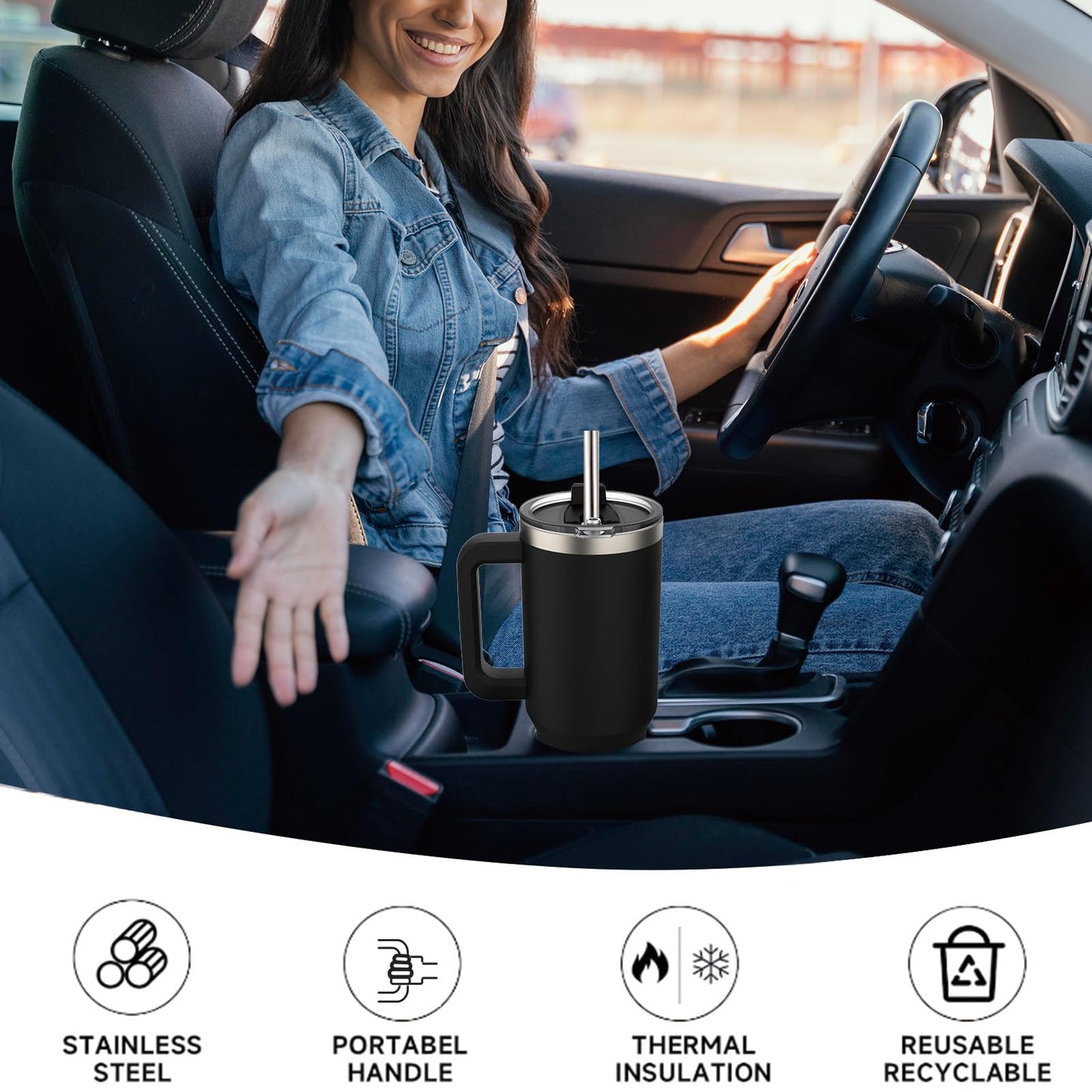 WATERSY 40oz Kaffeebecher to Go Thermobecher Doppelwandiger Edelstahl Vakuum Auslaufsicher Trinkbecher mit Griff und Strohhalm Thermo Tumbler Schwarz