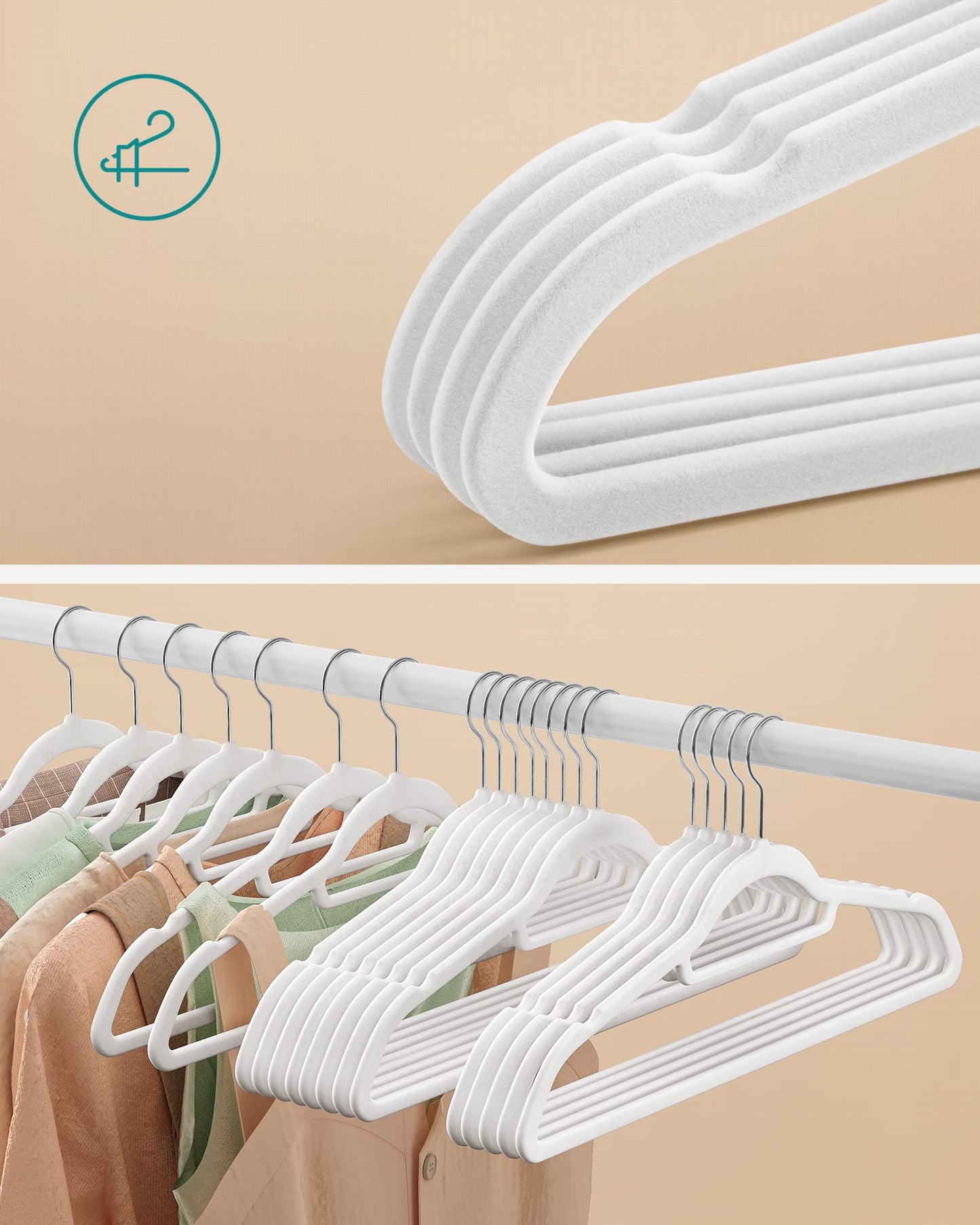SONGMICS Kleiderbügel Samt, 50er Set, Bügel, rutschfest, kleine Stange für Krawatten, 360° drehbarer Haken, 0,6 cm dick, platzsparend, 43,5 cm lang, für Mäntel, Hosen, Silber-Weiß CRF020W02