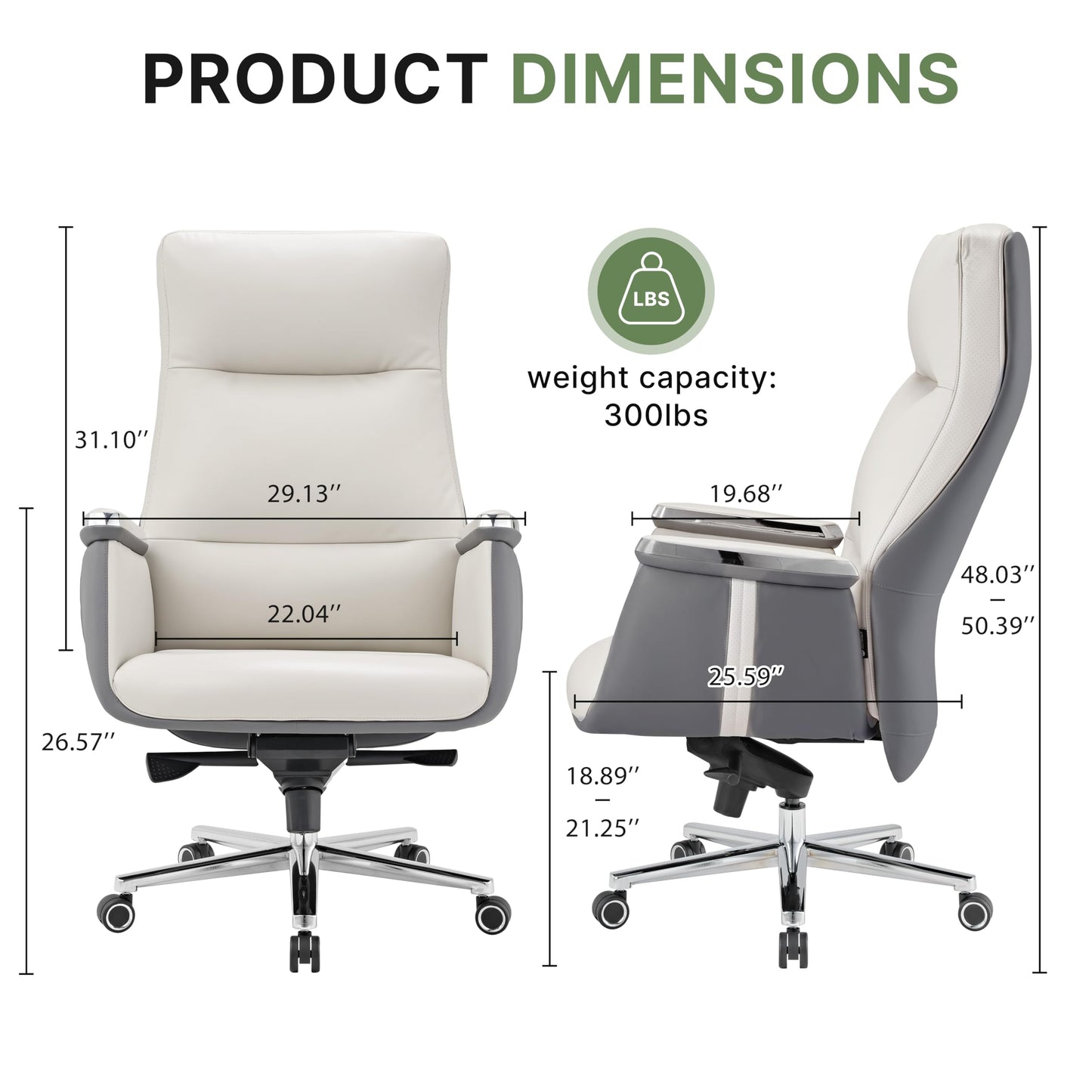 EUREKA ERGONOMIC Hochlehner Bürostuhl, Executive Drehstuhl mit extra breitem Sitz, Ergonomischer Schreibtischstuhl Leder für das Home Office, maximal 136 KG, Beige & Grau
