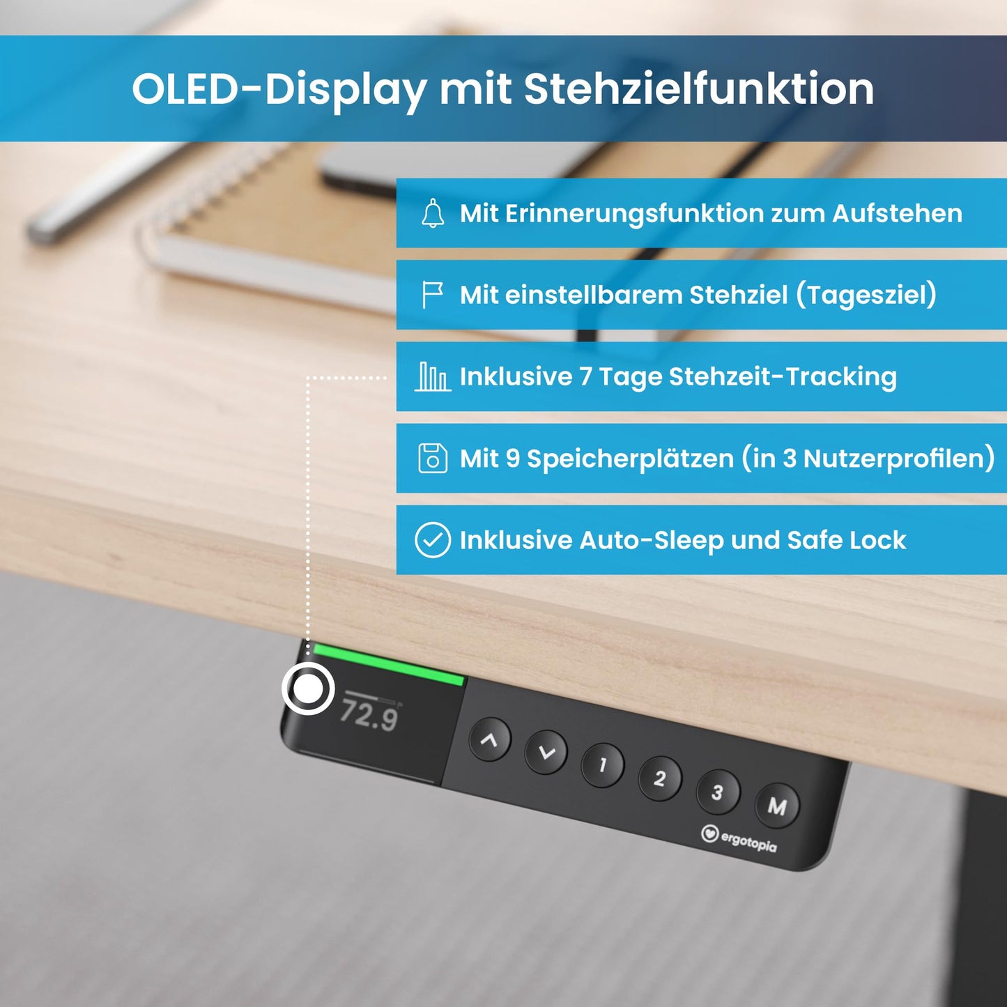 Ergotopia Desktopia Pro X Elektrisch höhenverstellbarer Schreibtisch, Ergonomischer Stehtisch für Büro oder Home Office (Ahorn, Gestell Schwarz, 180 x 80 cm)