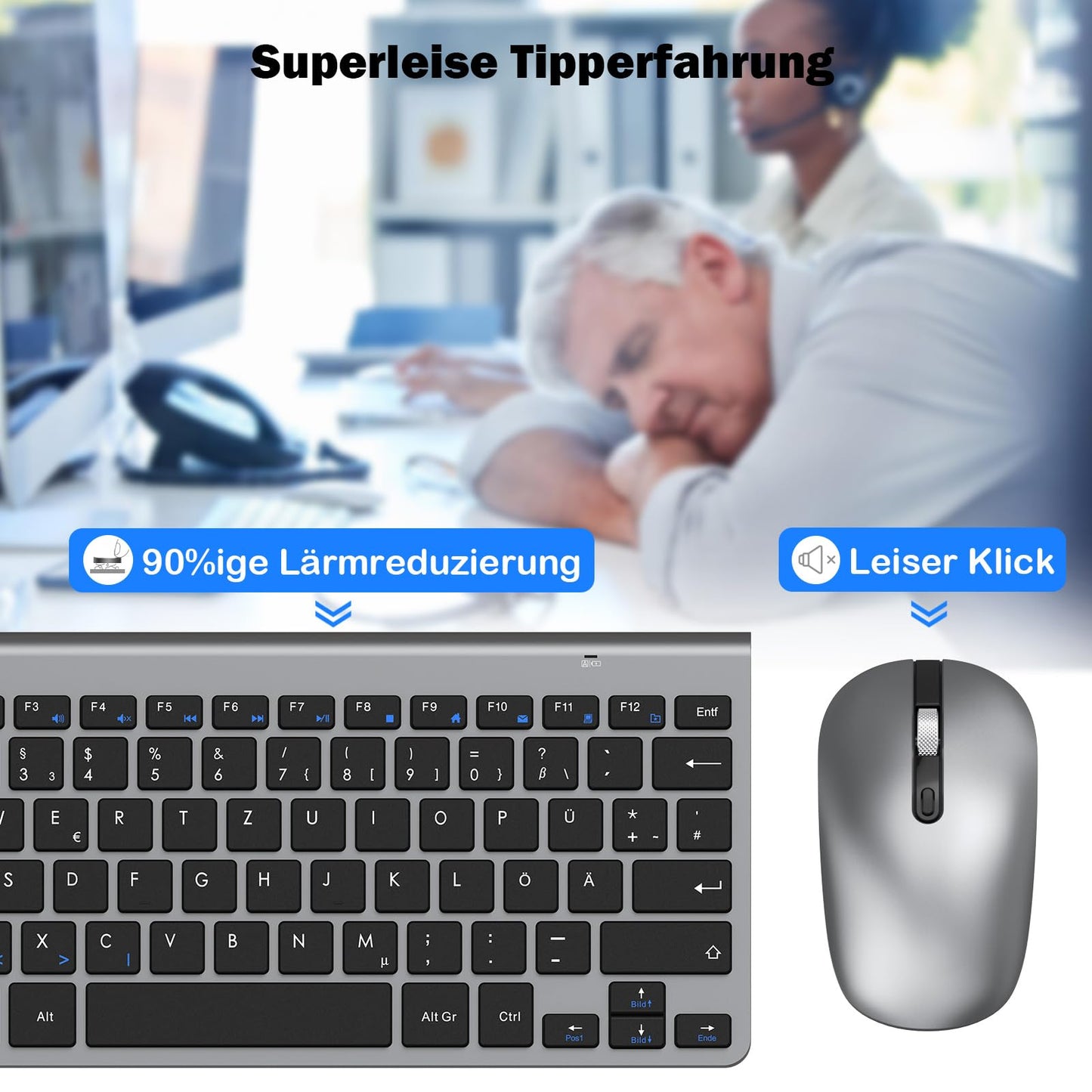 PINKCAT Kabelloses Tastatur Maus Set kabellos 2.4G Kabellose Kompakte Tastatur mit Funkmaus für Laptop, PC und Smart TV Deutsches QWERTZ Layout(Grau&Schwarz)