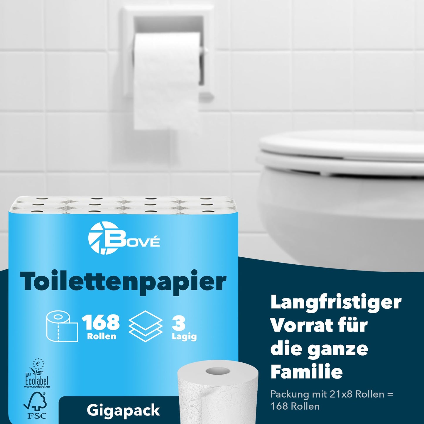 BOVE Toilettenpapier 3-lagig 168 Rollen Gigapackung - 250 Blatt pro Rolle - Extra Weich, Stark & Saugstark - FSC & EU Ecolabel Zertifiziert - Preis-Leistungs-Knaller