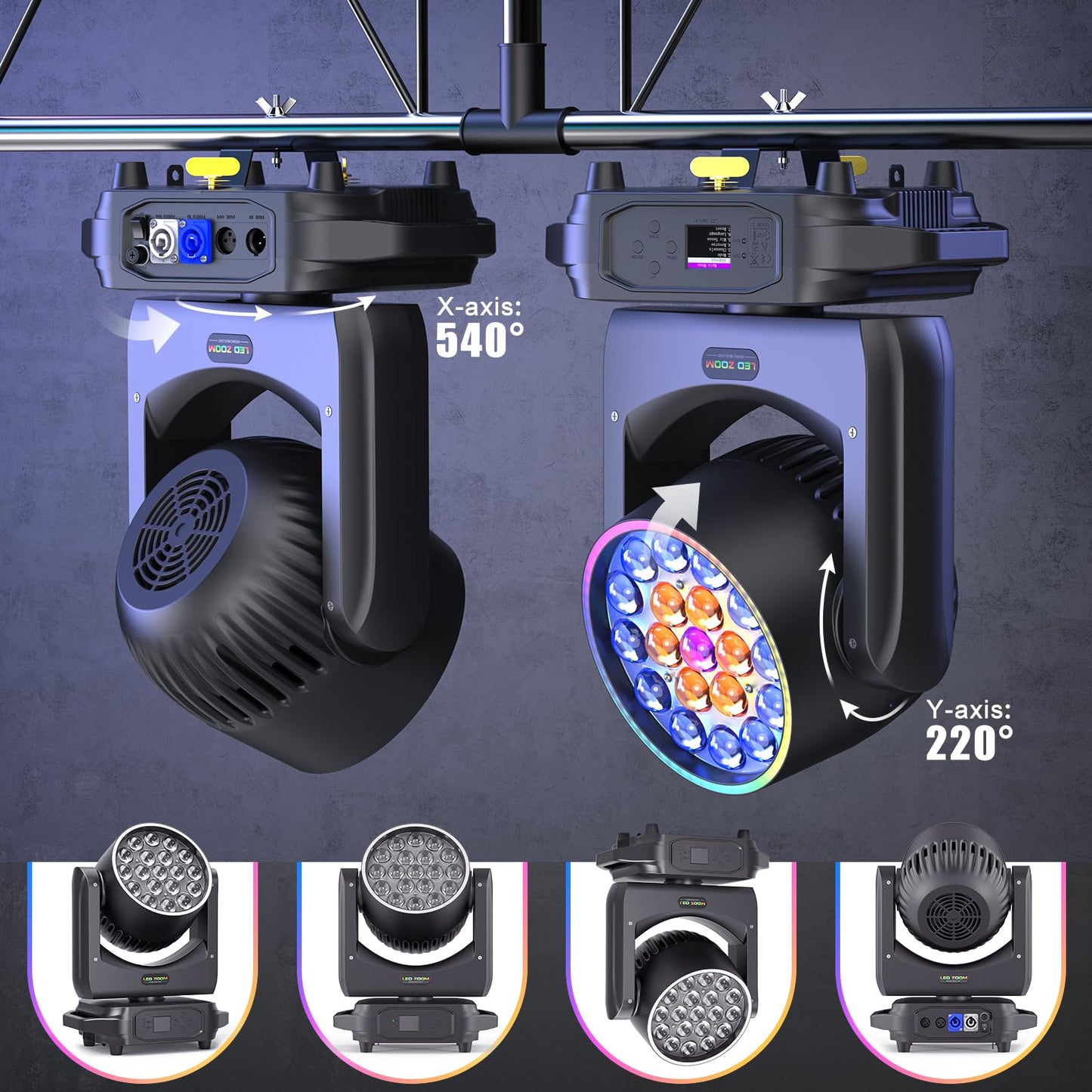 19 LED 285W Wash Zoom Moving Head Licht, RGBW 4 in 1 Professionelles Focus Dye Bühnenlicht mit Lichtstreifen und 4 Steuerungsmodi für Party KTV Konzert DJ Weihnachten Hochzeit Feiern