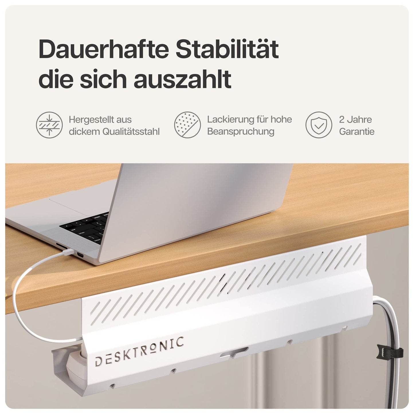 Kabelkanal Schreibtisch Weiß 2er Set - Edelstahl Kabelmanagement Schreibtisch Kabelkanal mit 5 Kabelausschnitten - Einfach zu Installierender Kabel-Organizer - Kabelhalter von Desktronic